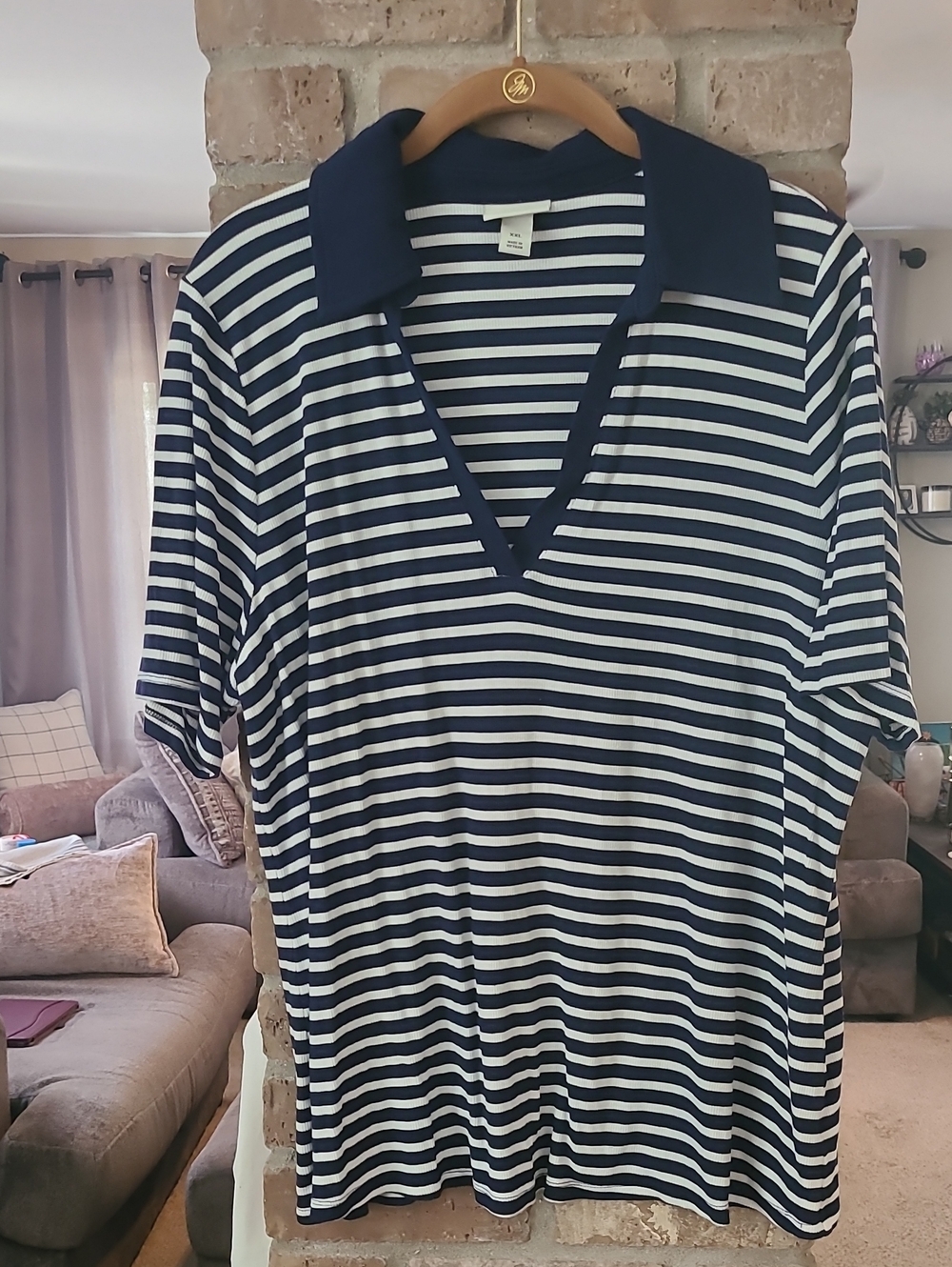 Ava & Viv Navy Striped Polo V-Neck Top